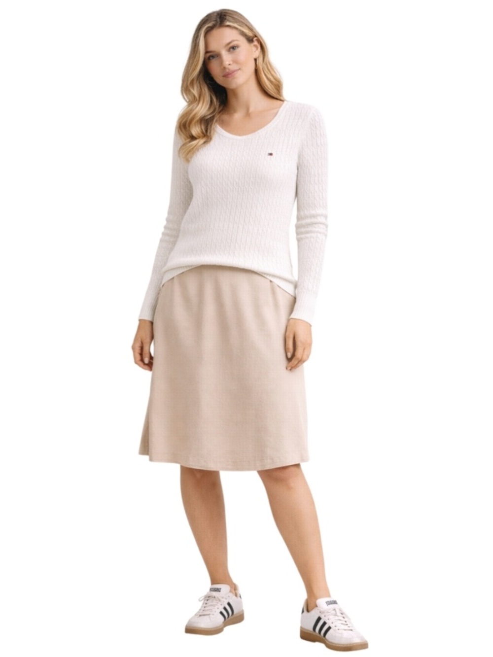Tommy Hilfiger White Cable Knit Fitted Cotton Scoop Neck Sweater - XS GUC